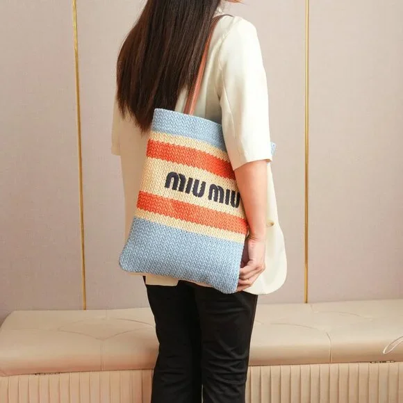 MIU MIU LIght Blue Beige Orange Raffia-Effect Embroidery Vertical Woven Tote Bag - Picture 4 of 9